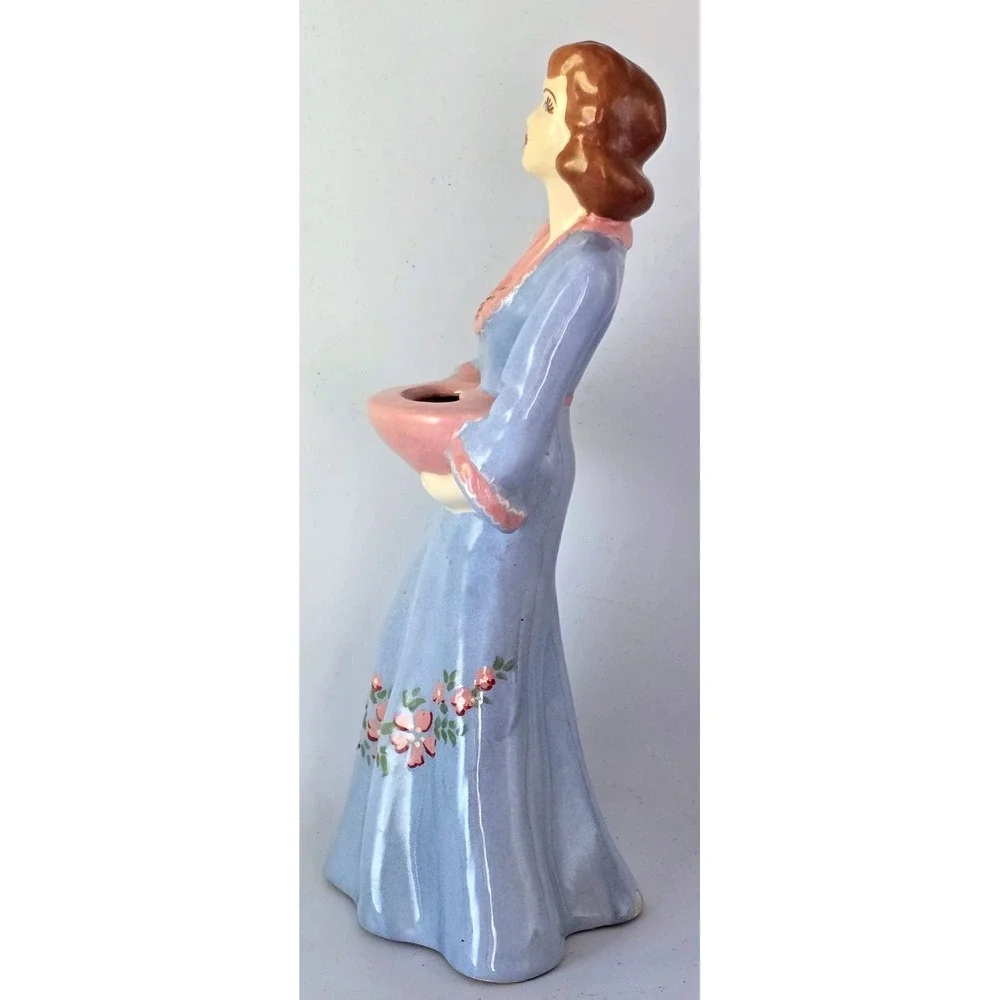 Vintage Lady Vase Blue Dress Pink Floral 1940-50's Weil Ware California 3053 MCM
